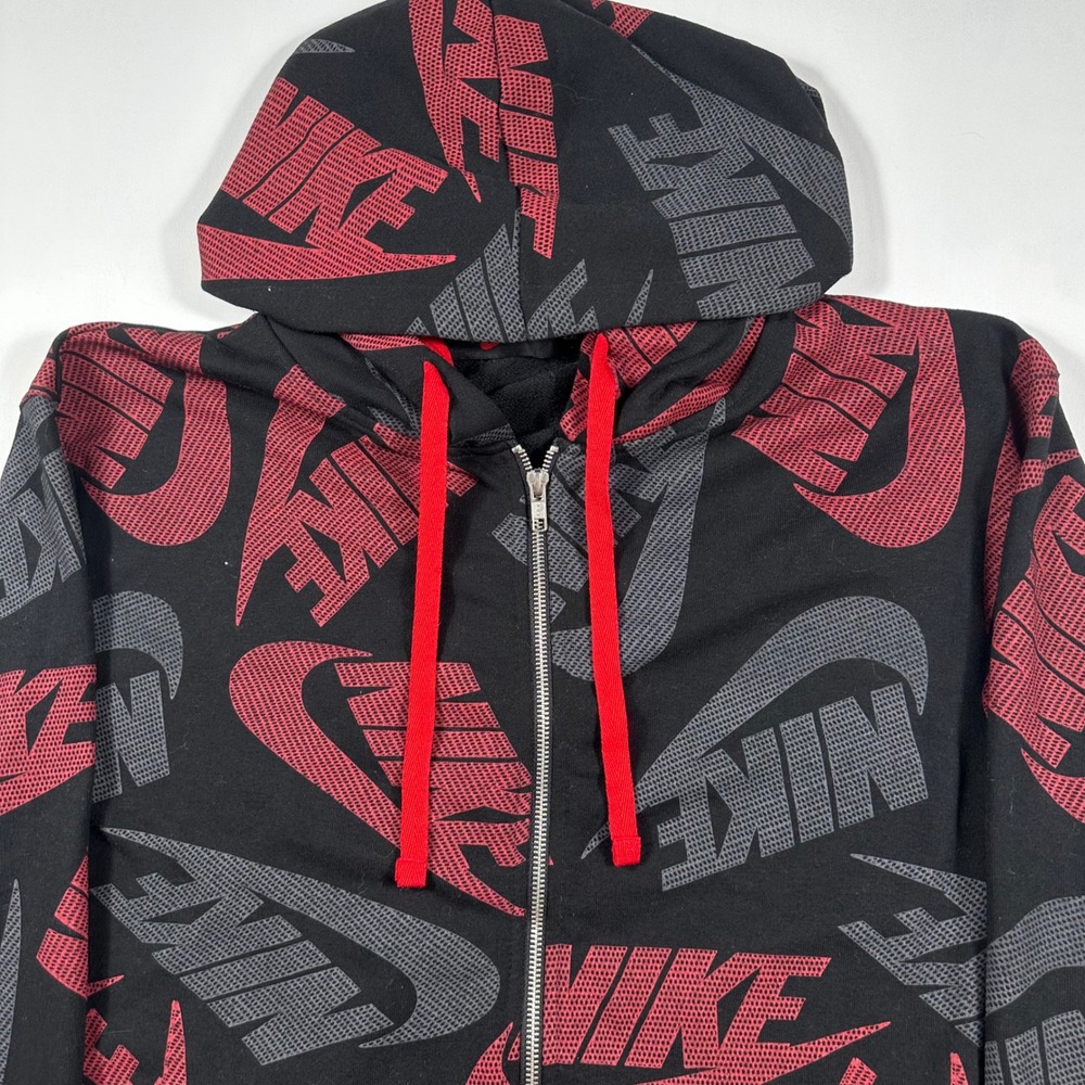 Nike Full Zip Hoodie Mens 2XL All Over Print Logo Graphic Black Red Gray